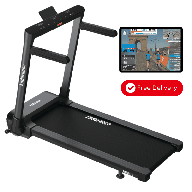 Endurance Athlete Treadmill foldable design for space-saving fitness with interactive running display and free delivery.