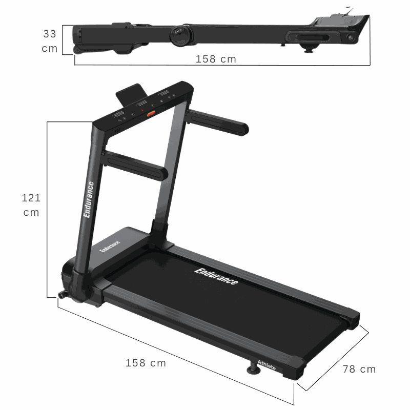 Endurance Athlete Treadmill foldable design with compact dimensions 158x78x121 cm for space-saving fitness