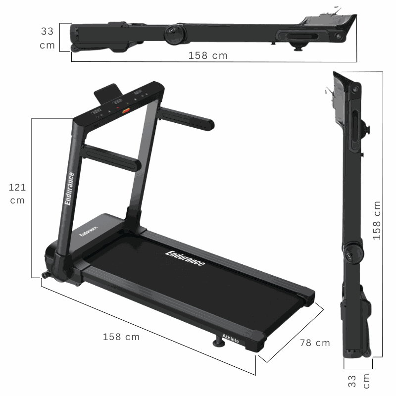 Endurance Athlete Treadmill foldable design with compact dimensions for space-saving fitness.