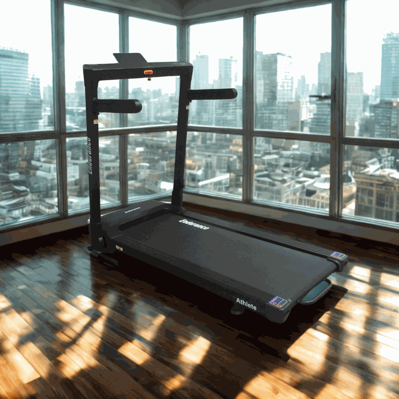 Endurance Athlete Treadmill foldable design in a modern room with large cityscape windows and wooden flooring.