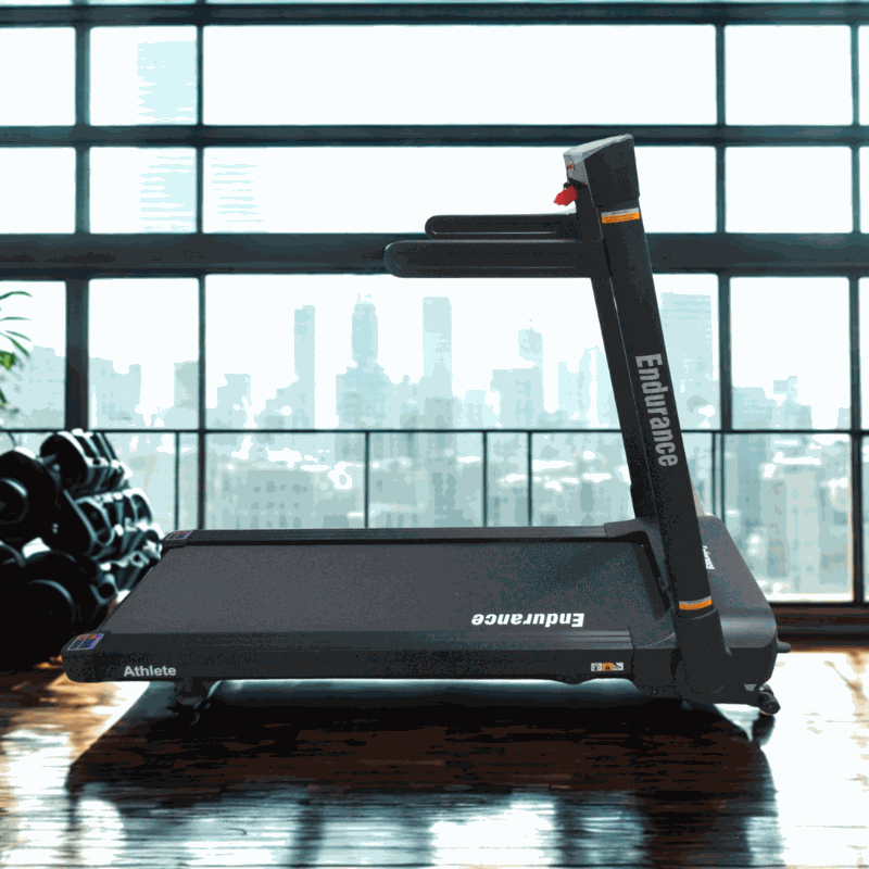 Endurance Athlete Treadmill with foldable design in a bright gym overlooking city skyline