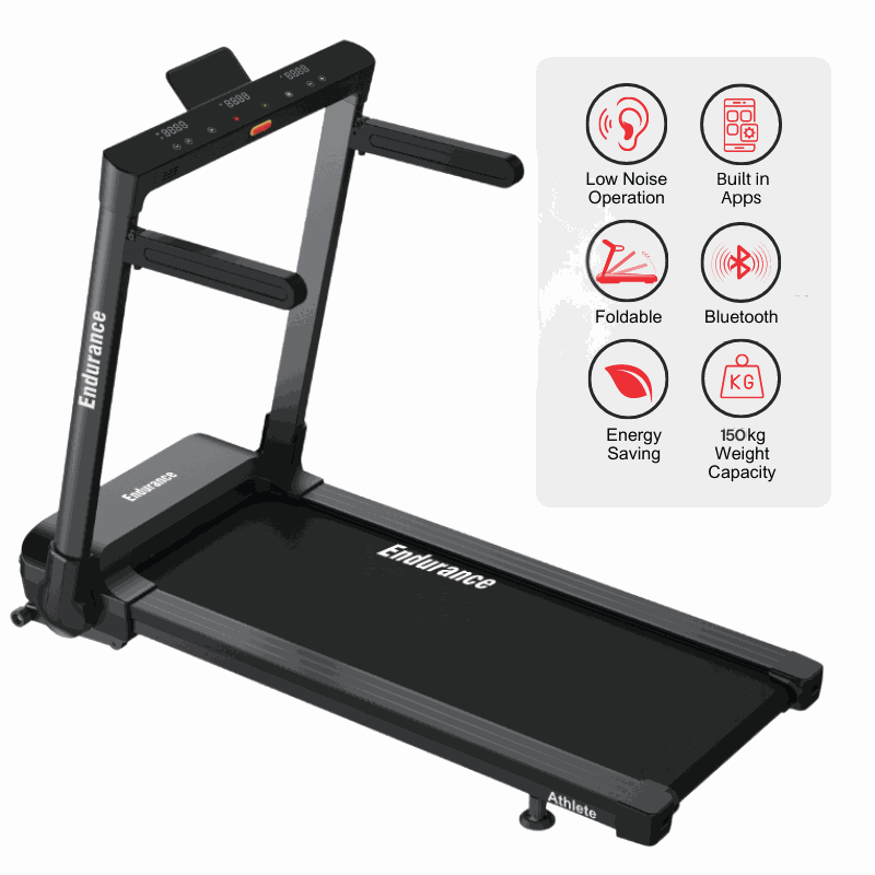 Endurance Athlete Treadmill foldable design with low noise, built-in apps, Bluetooth, energy-saving features, and 150kg weight capacity